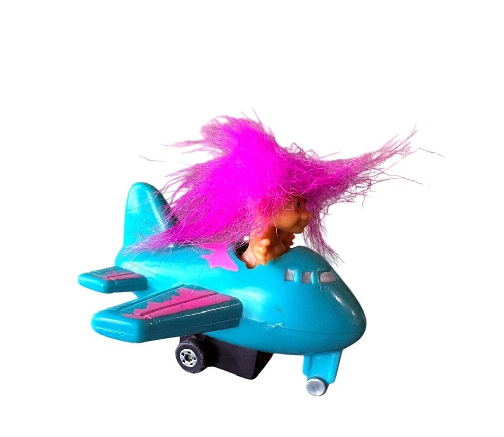Vintage Russ Troll Doll Pull Back Airplane Toy Purple Hair Works Blue Plane